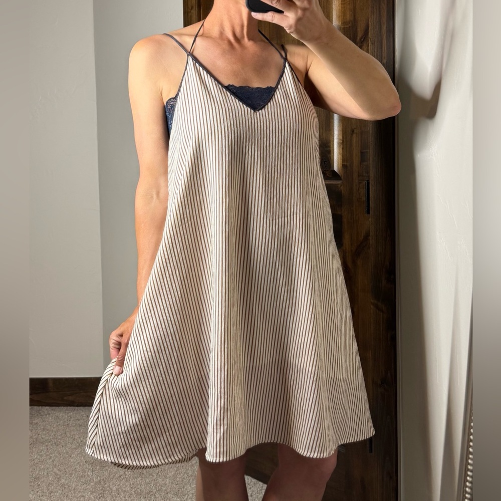 Hem & Thread Brown and White Stripe Dress With Navy Lace Bando Medium